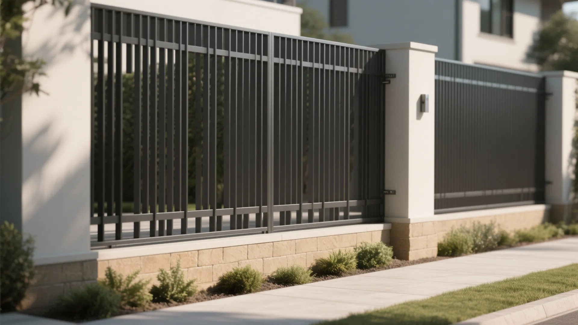 1) Slim steel slats with a staggered rhythm