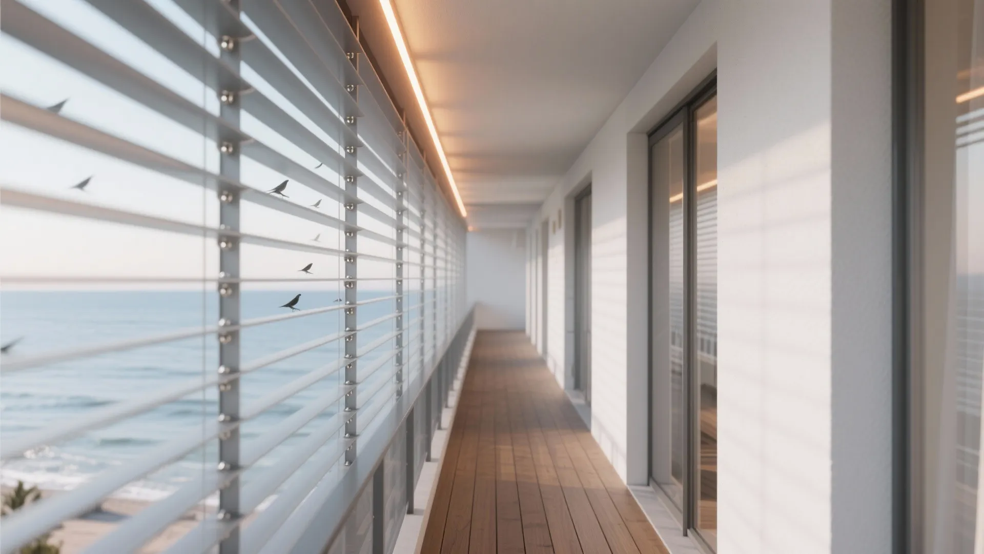Long narrow balcony with wooden floor, metal blinds, bright ceiling light, and beautiful ocean view