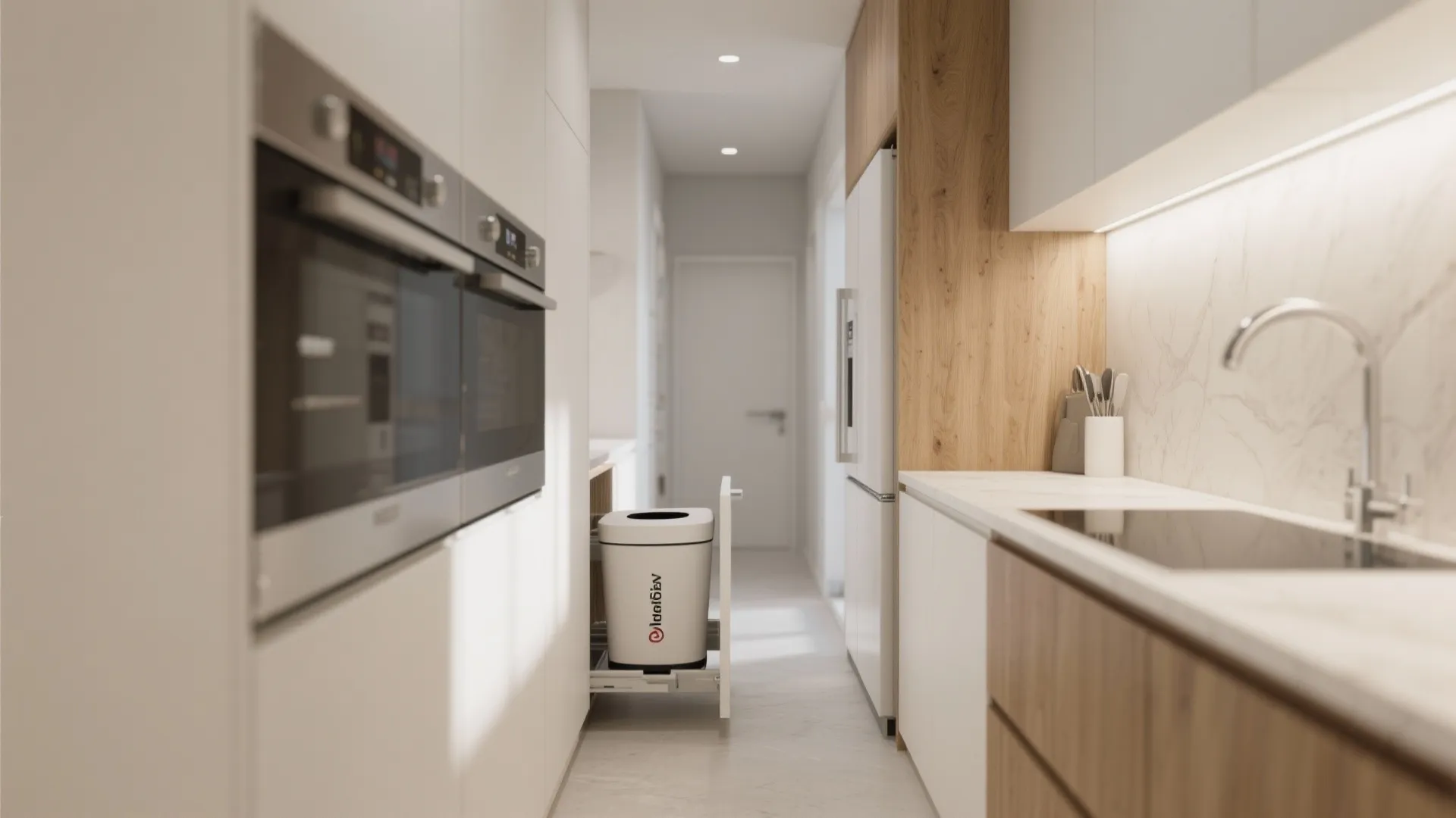 Slim vertical trash bin slid between fridge and counter