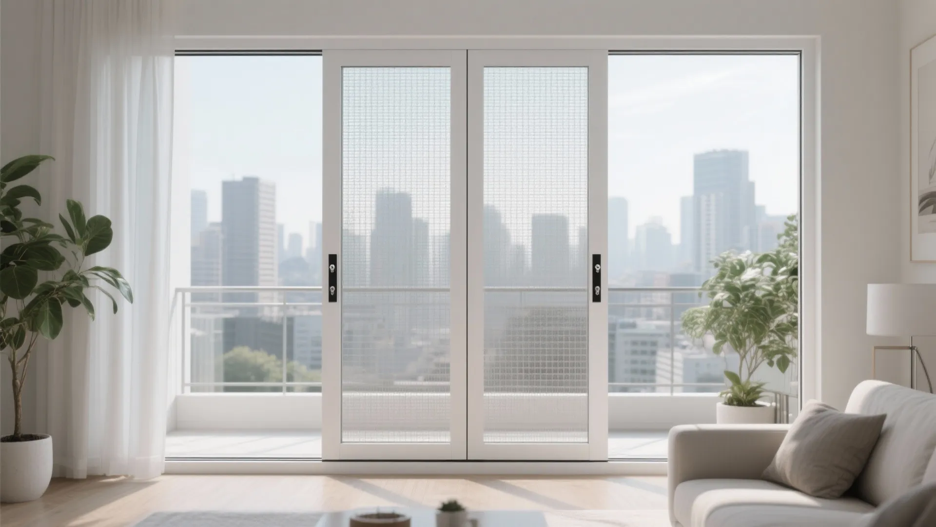 Modern white sliding glass doors with mesh screen opening to a balcony with city views