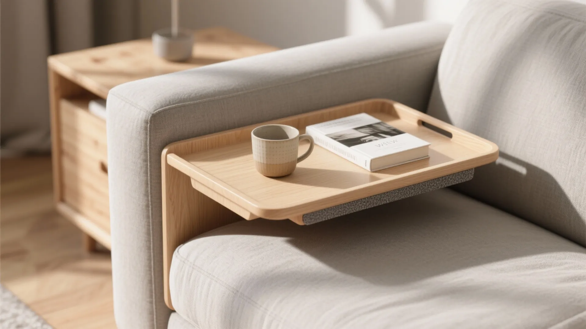 Thin birch plywood slide-over tray sitting on a sofa armrest holding a cup and a book.