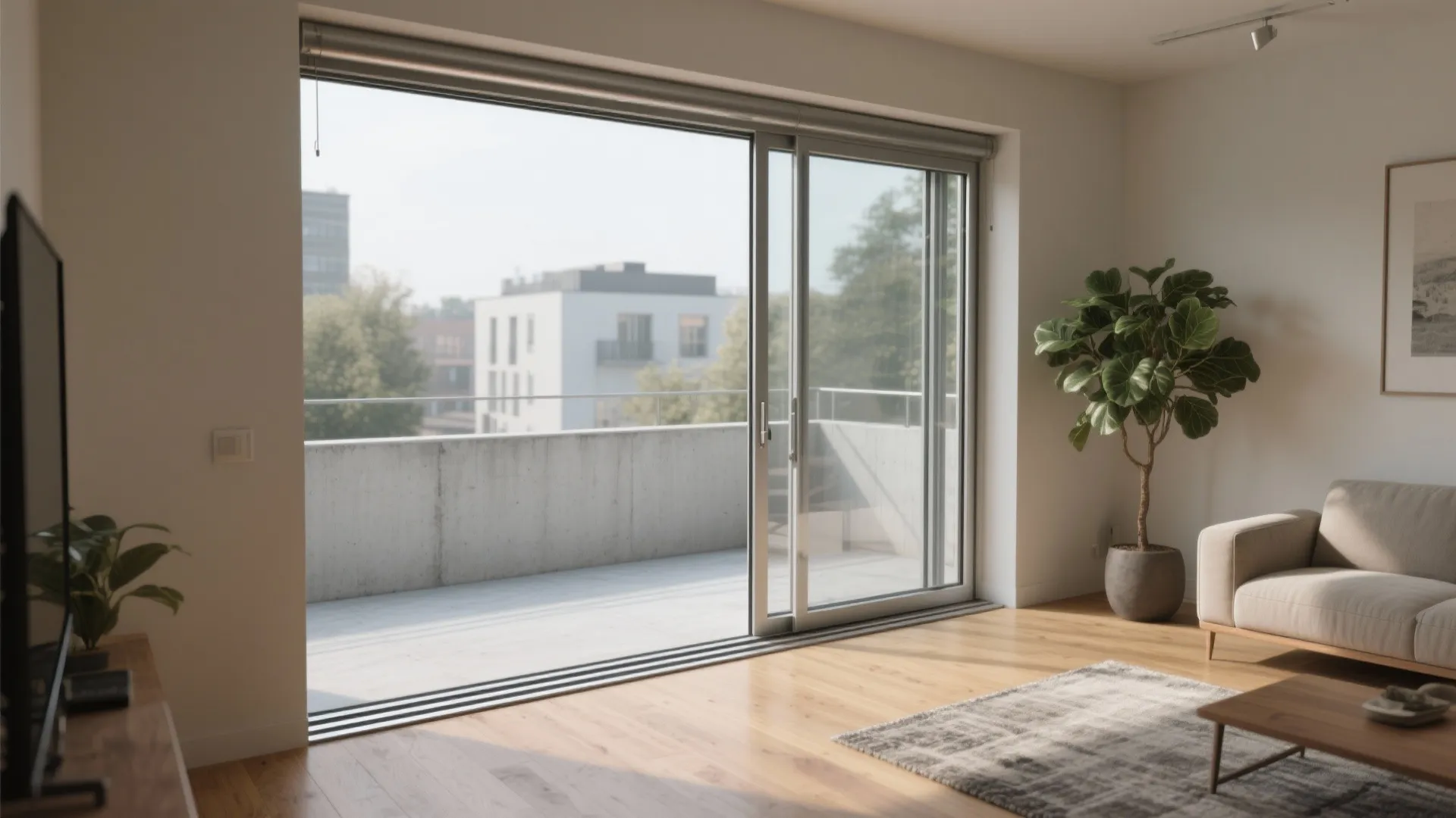 Bright living room with large sliding glass doors leading to a spacious outdoor concrete balcony