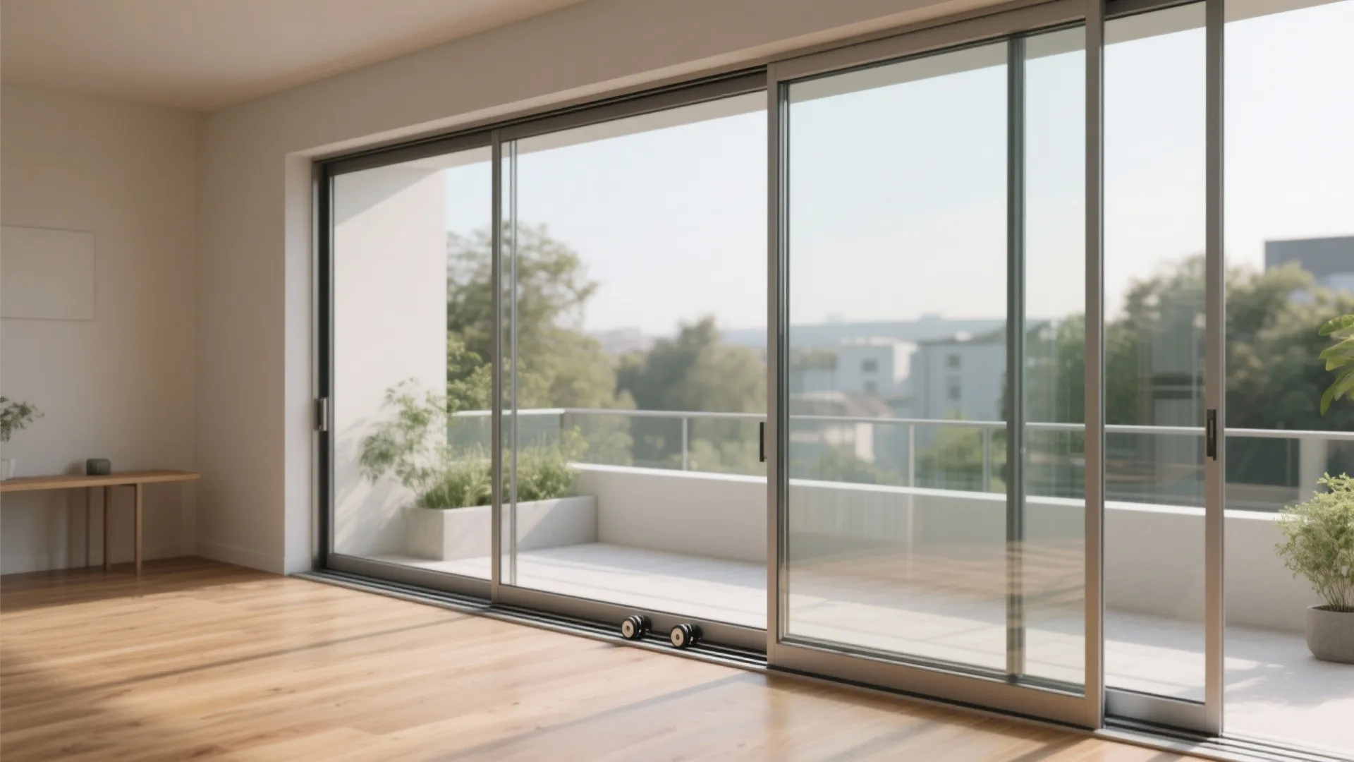 Empty bright room featuring large sliding glass doors opening to a balcony with green trees
