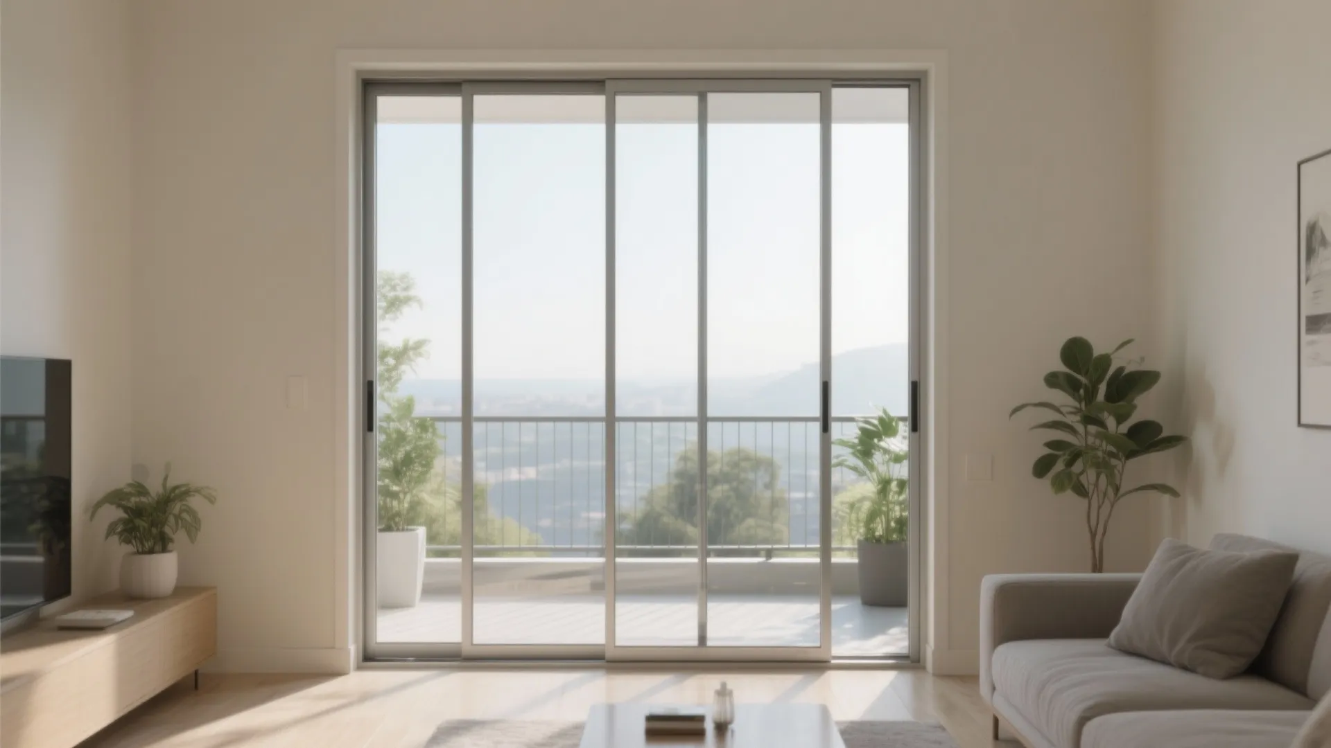 Slim aluminum-frame sliding glass doors maximize the view from a compact living room to a greenery-lined micro balcony.