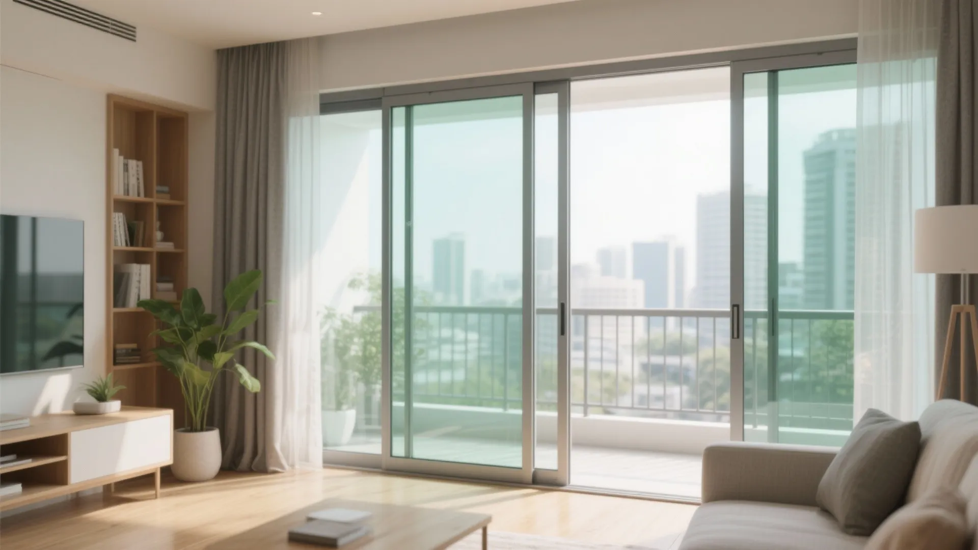 Bright living room with grey sofa and wood shelf next to large sliding glass doors