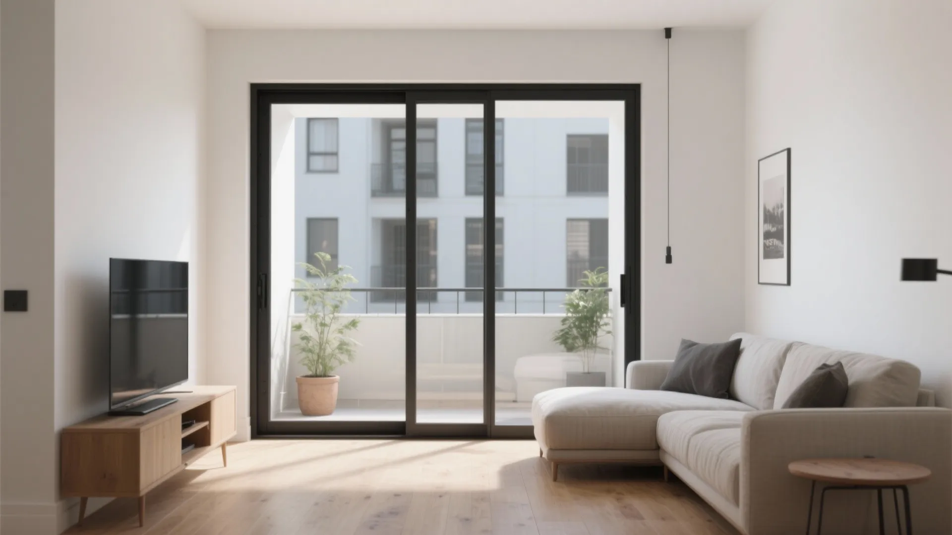 Minimalist living room with white sofa wooden cabinet black sliding doors and bright natural light