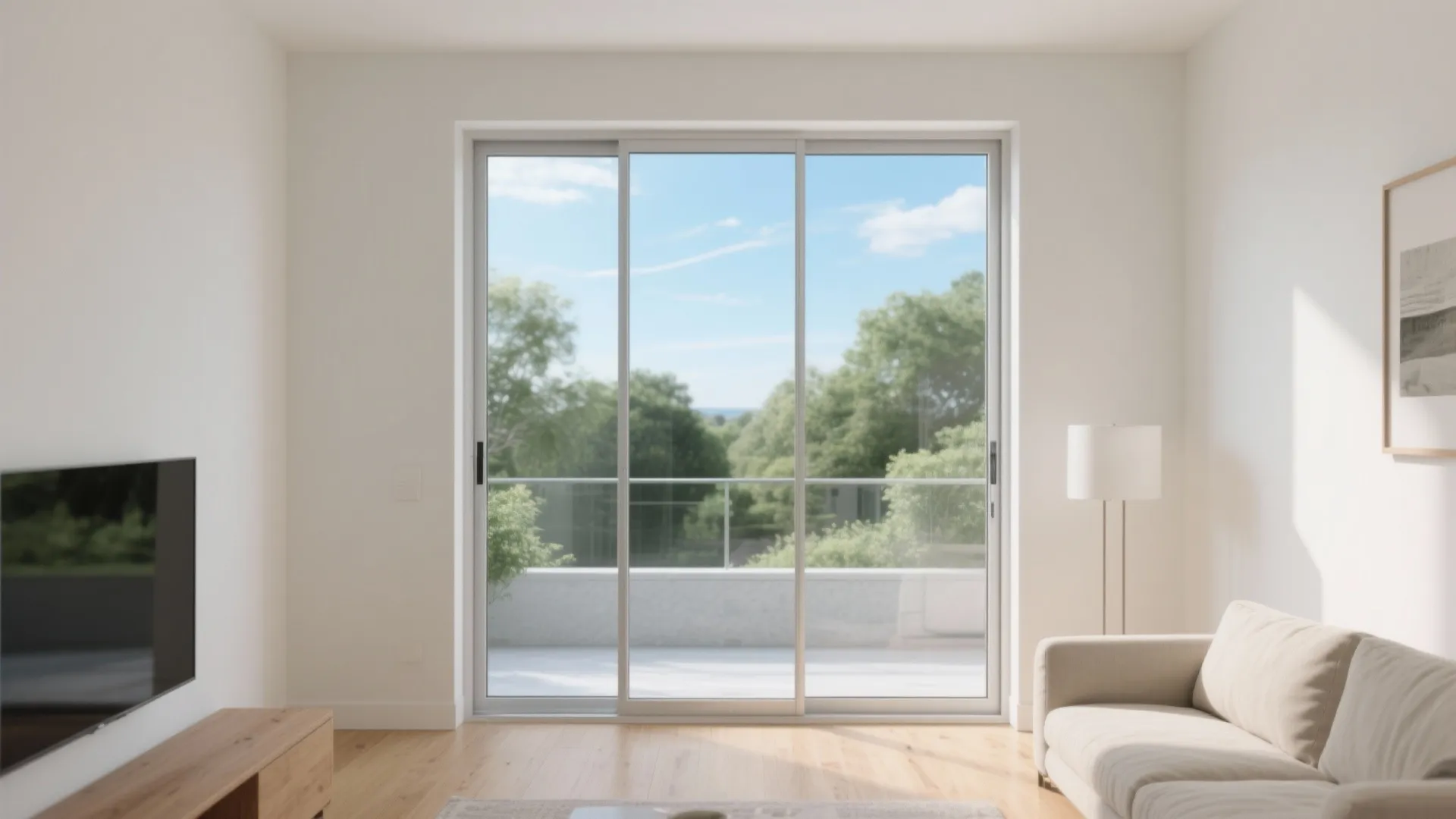 Modern bright living room featuring glass sliding doors opening to a balcony with green trees