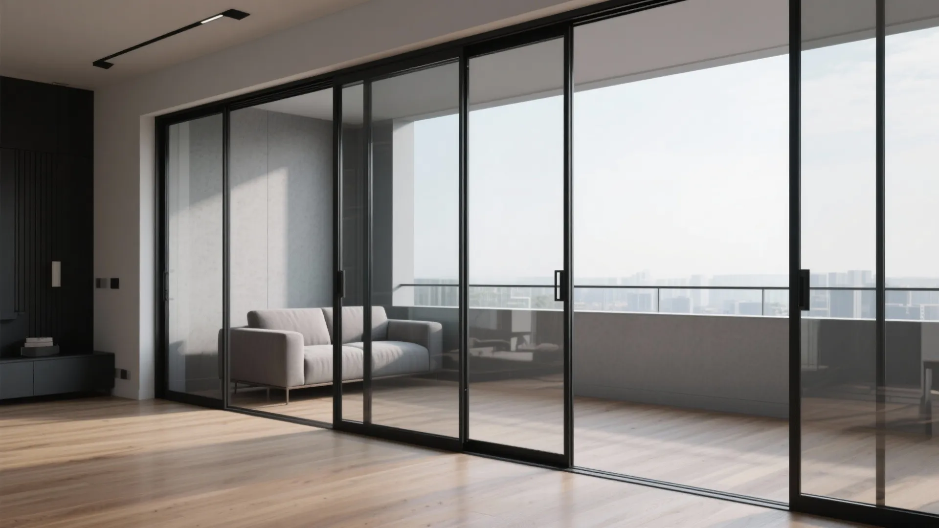Modern living room with large thin black sliding glass doors leading to a grey sofa