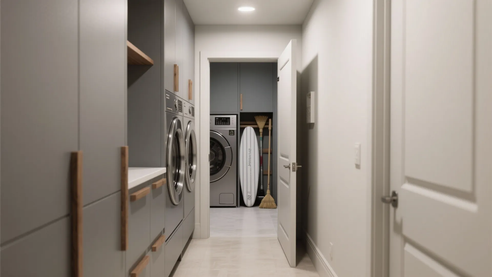 4. Slim cabinets and sliding doors for tight corridors