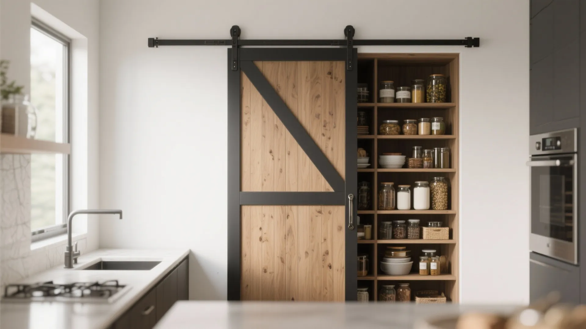 Wooden sliding barn door with black metal track covering a modern kitchen pantry storage area