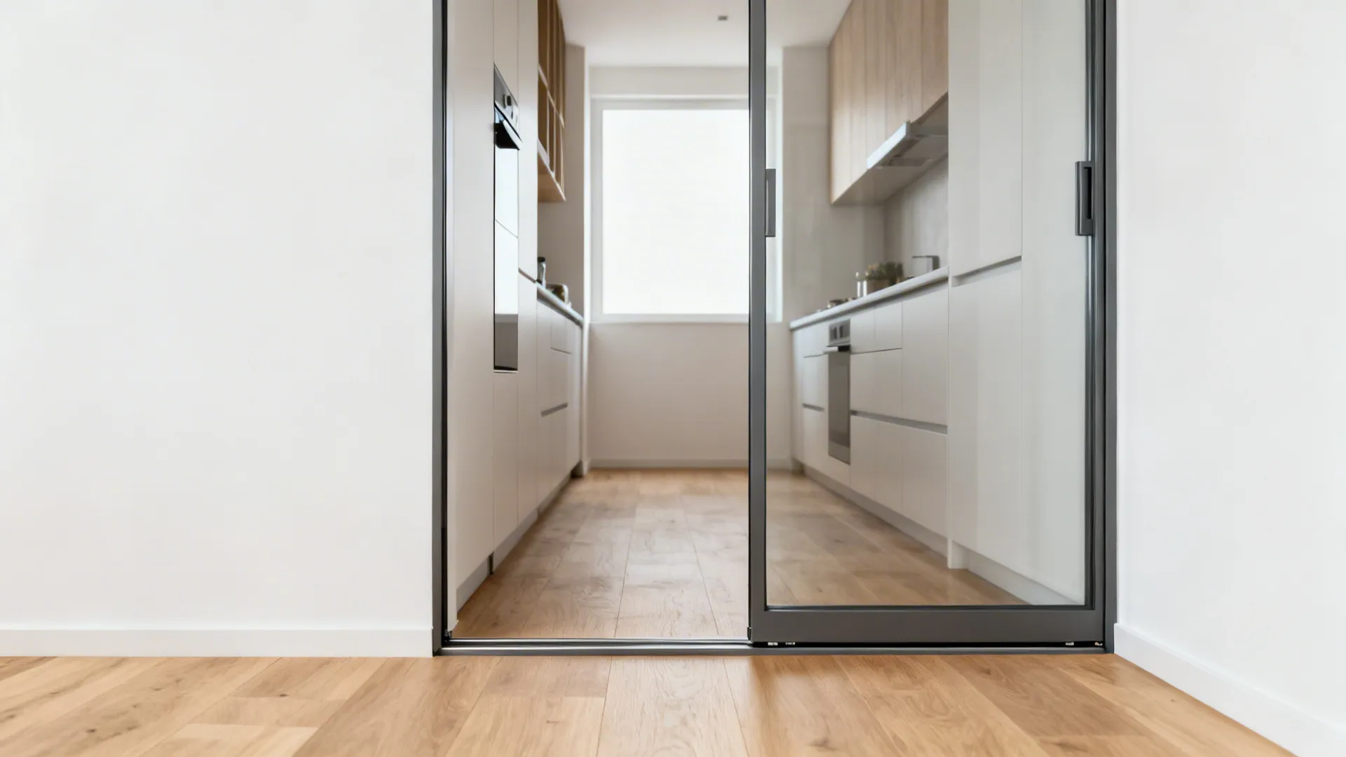 Slim-frame sliding kitchen door on a low-profile track improving circulation in a narrow galley.