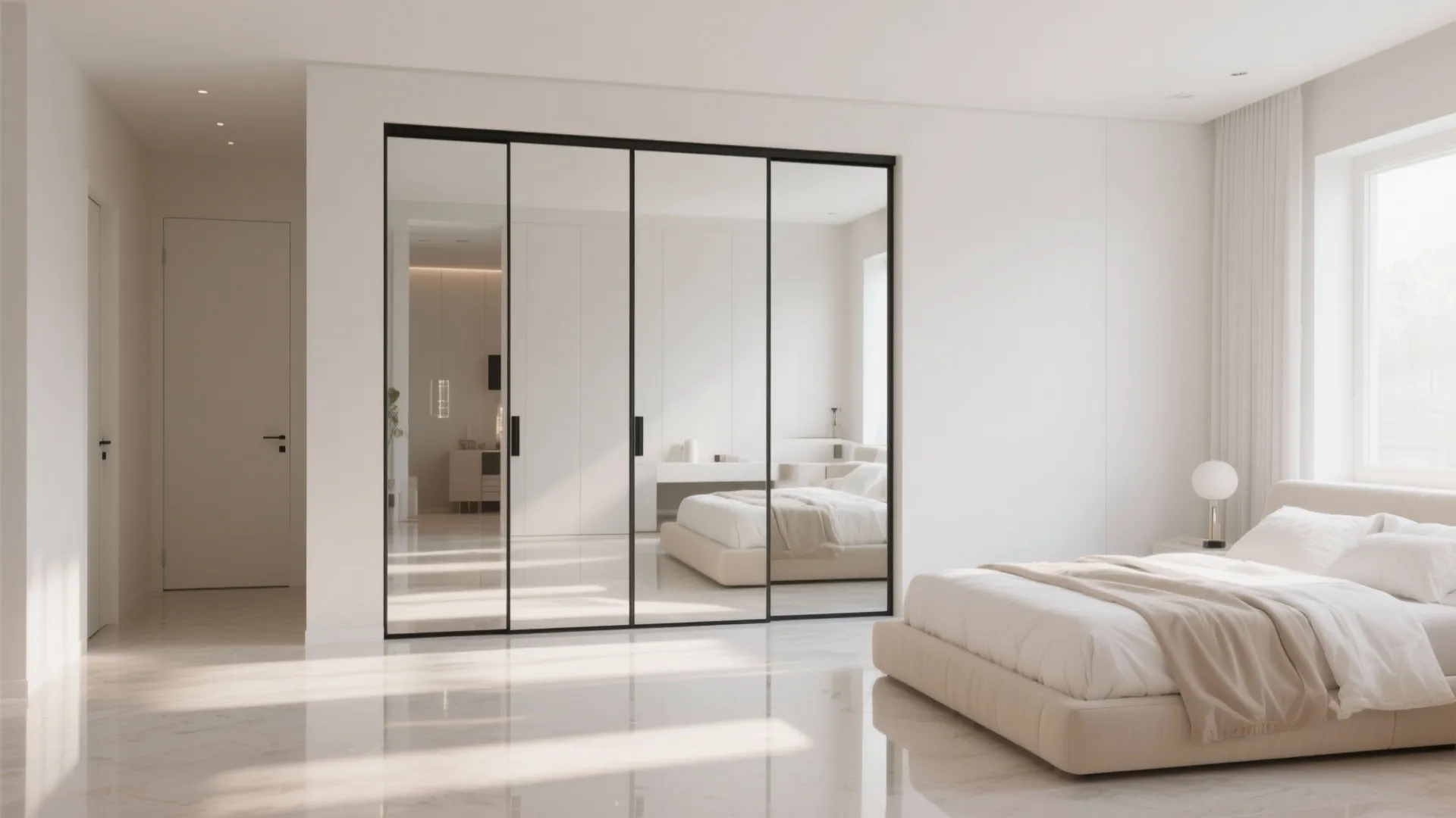Modern bright bedroom with glass sliding doors reflecting bed furniture white walls and marble floor