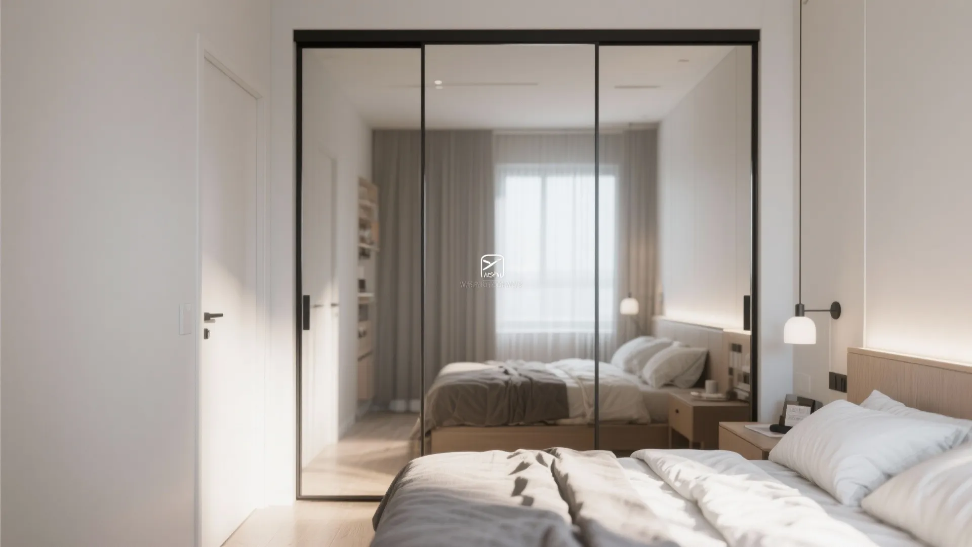 Modern bedroom with large mirror sliding wardrobe doors reflecting a bed and small wall light