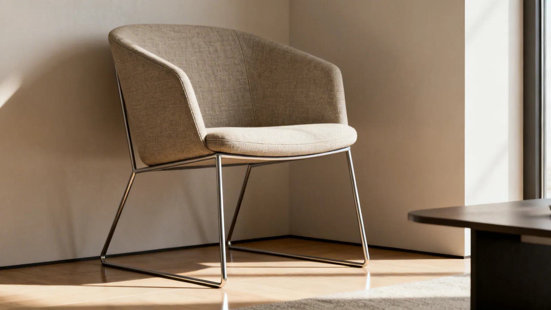 Slim-legged slipper chair with exposed legs and neutral fabric in a small living room corner.