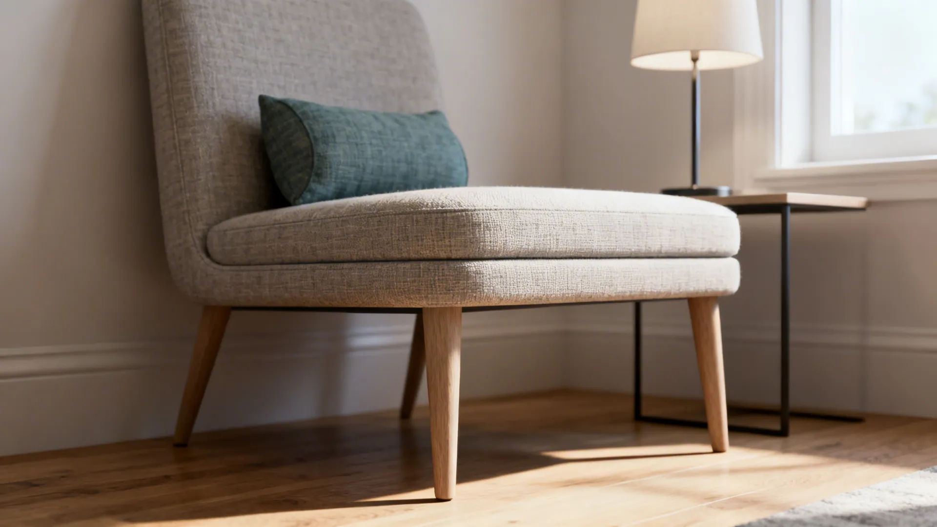 Low-profile slipper chair with lumbar pillow in a compact living room corner.