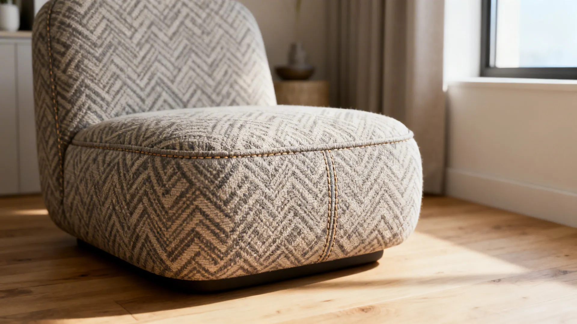 Close up of a low grey patterned sofa on wood flooring near a sunny window