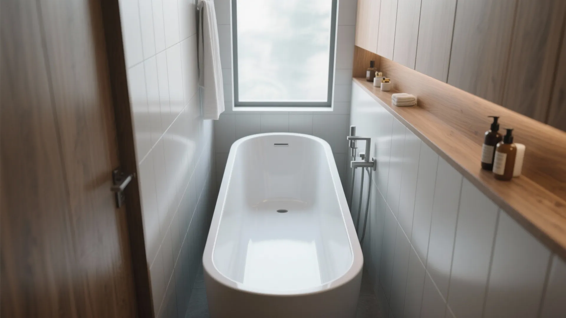 Narrow minimalist bathroom featuring white oval bathtub wooden shelf with soap bottles and a bright window