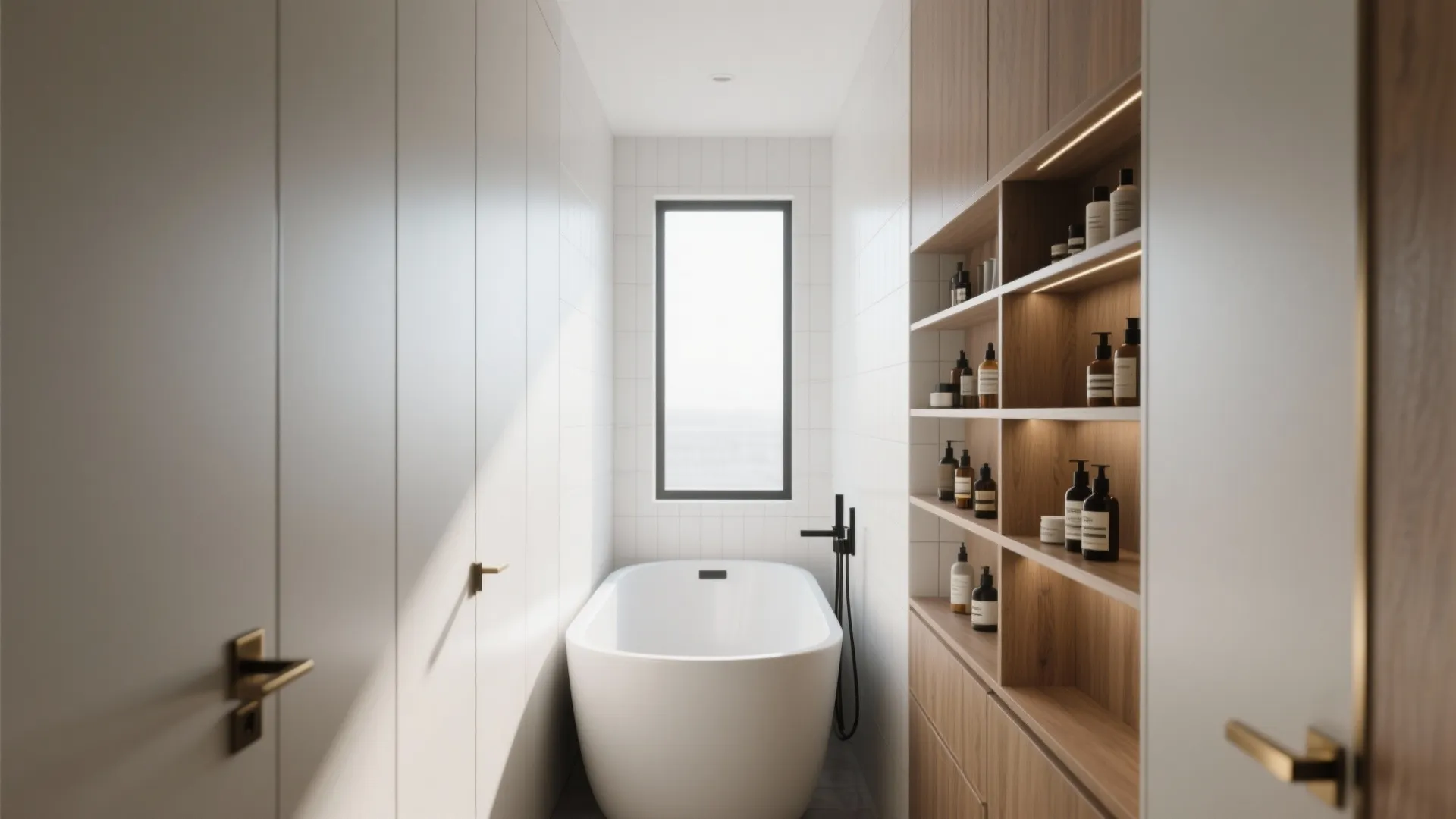 Modern narrow bathroom featuring white bathtub wooden wall cabinet with bottles window and natural sunlight
