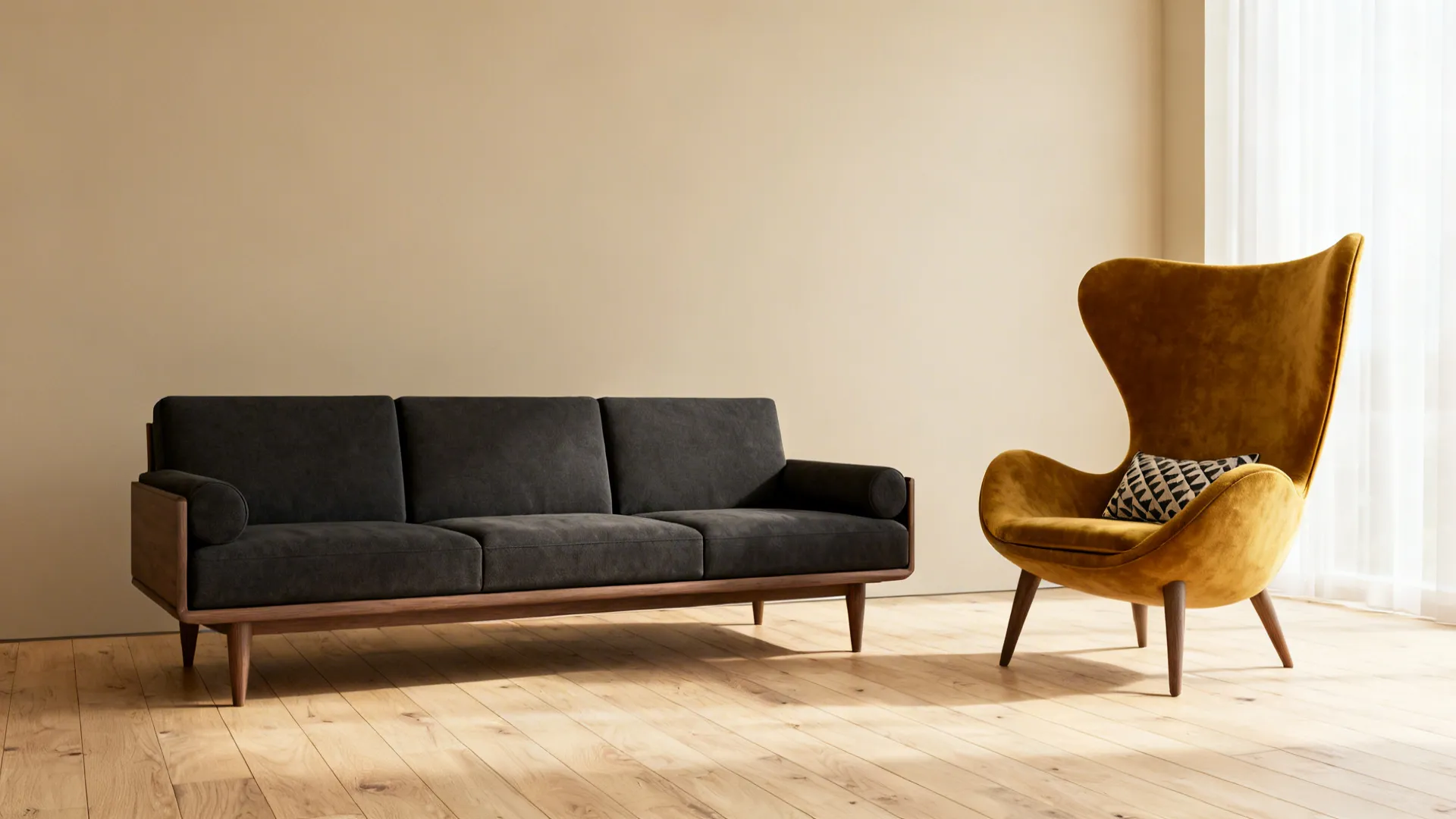 Slim low-profile sofa paired with an iconic mid-century accent chair in a small living room.