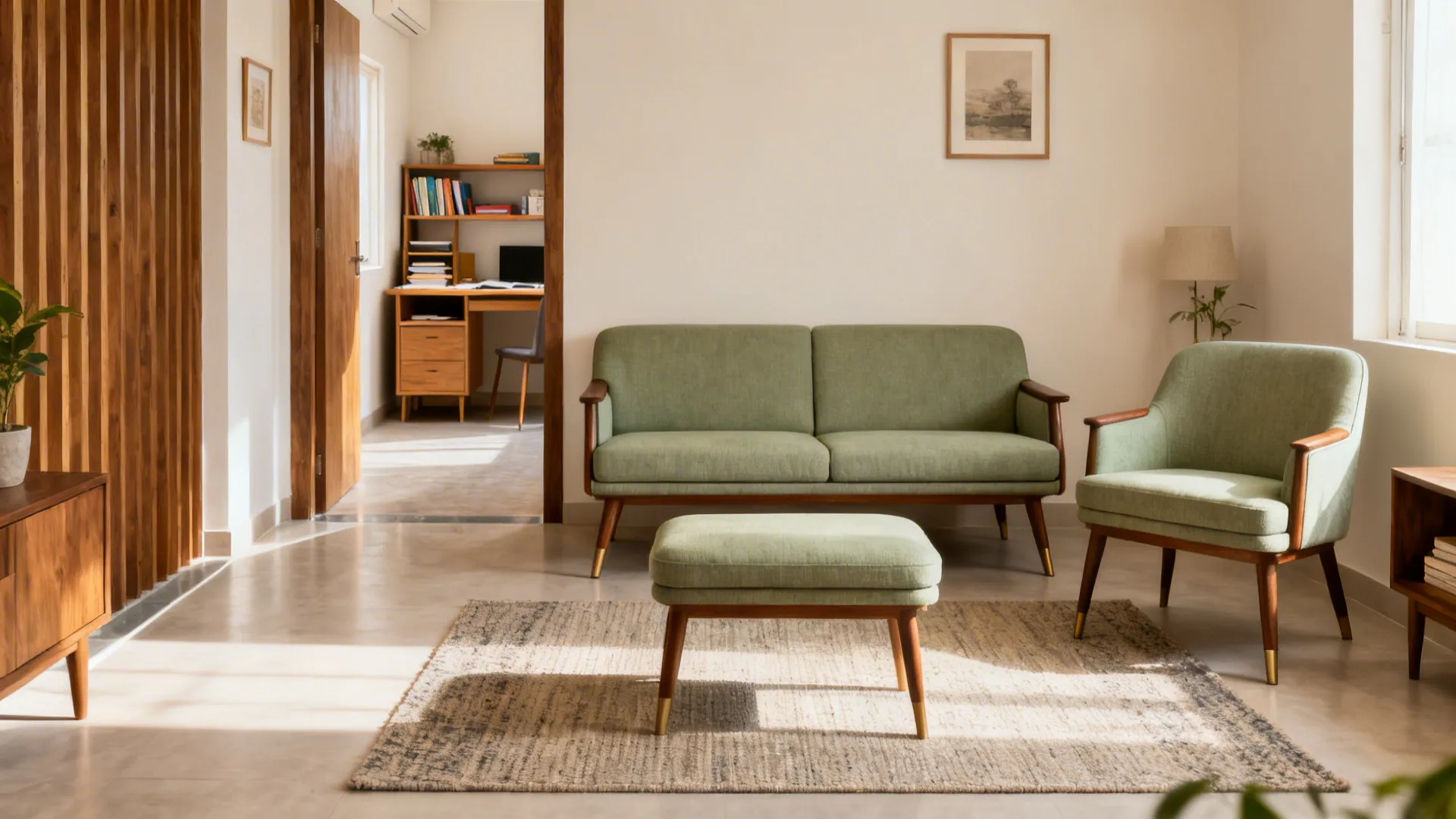 Slim two-seater with armless accent chair and clear walkway in a small Indian living room.