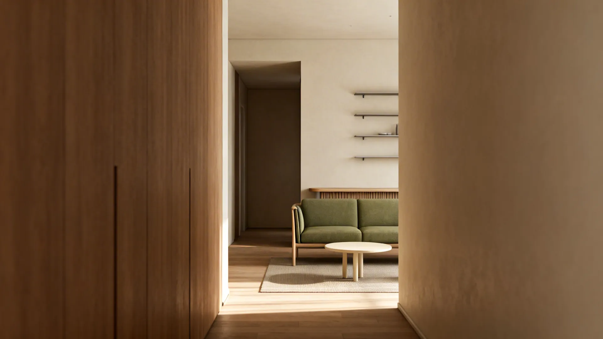 Narrow living room with a slim sofa floated from the wall and a small movable coffee table.