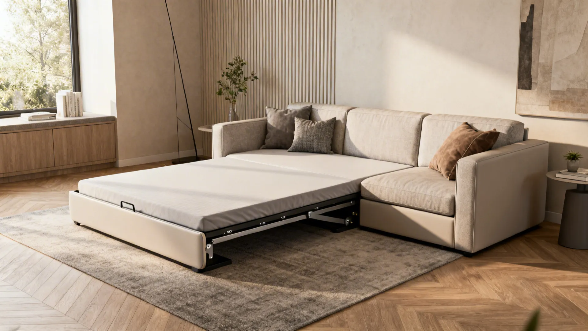 Sleek slim-profile sofa bed partially unfolded in a compact living room