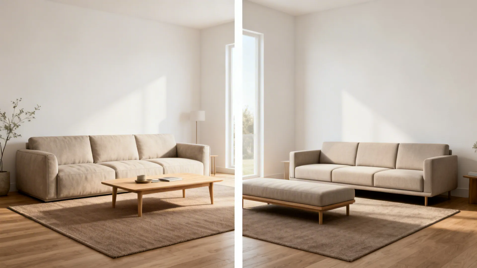 Before-and-after of oversized sofa versus slim 80–84-inch sofa improving circulation in a small living room.
