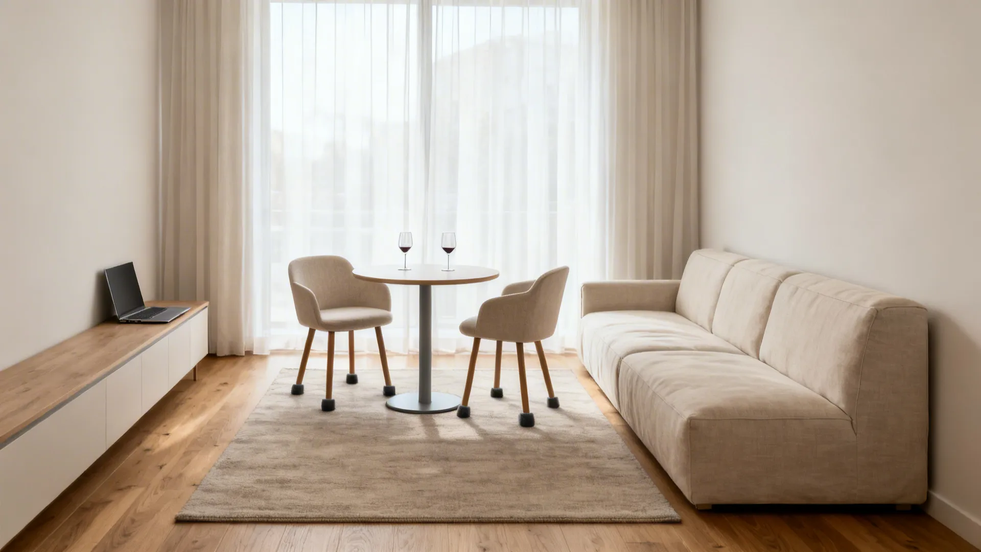 Slim wall-hugging sofa and round café table define floating zones with open circulation.