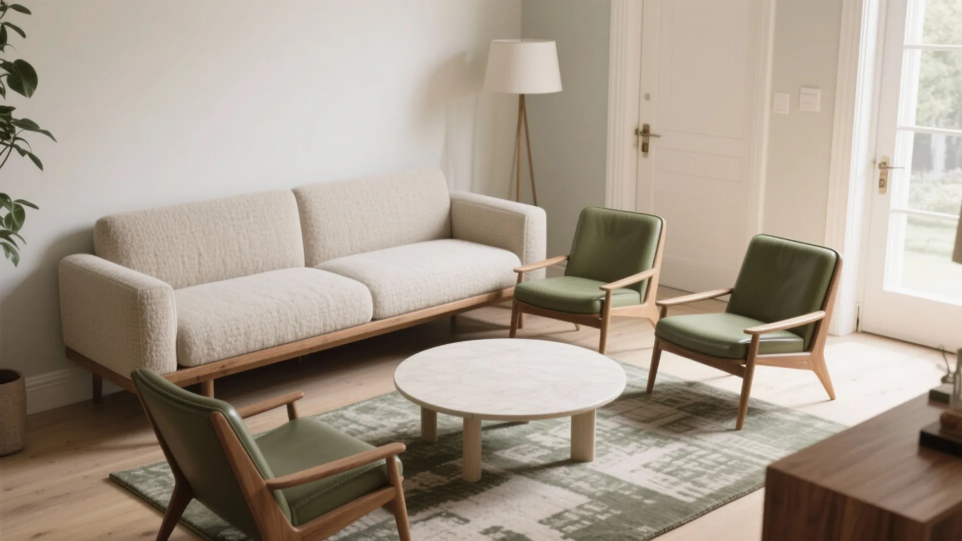 2) Slim sofa + two compact chairs = instant conversation