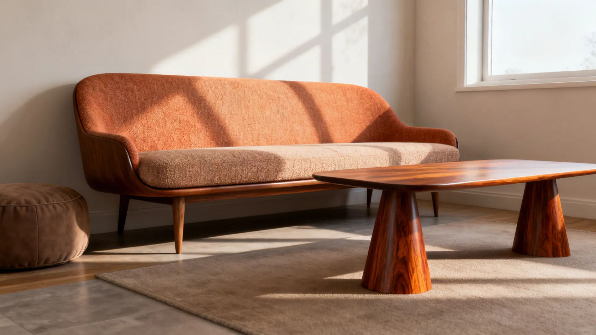 Slim mid-century sofa paired with a tapered-leg walnut coffee table in a compact living room.