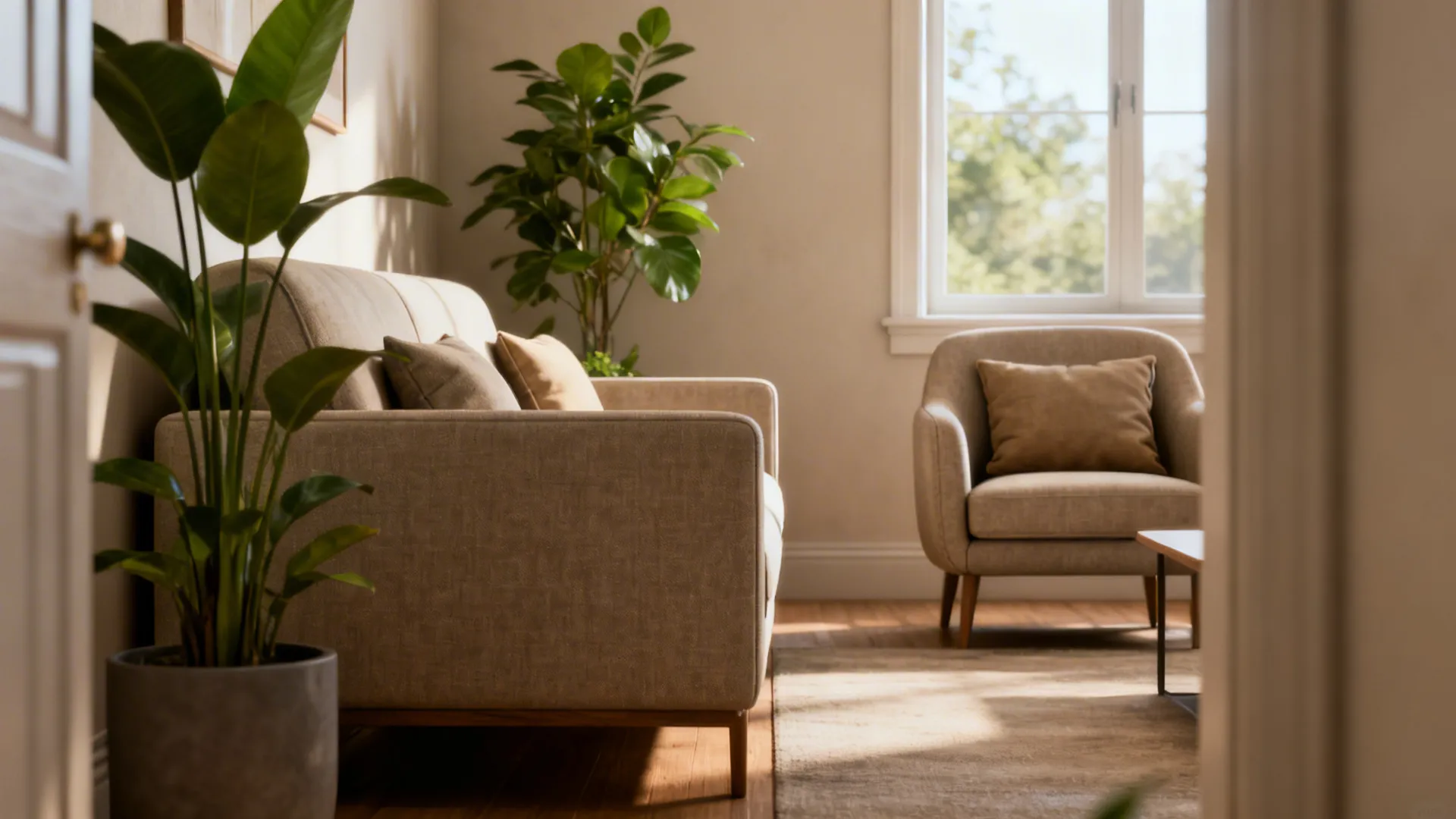 Narrow living room with a slim sofa and compact armchair, emphasizing circulation and durable upholstery