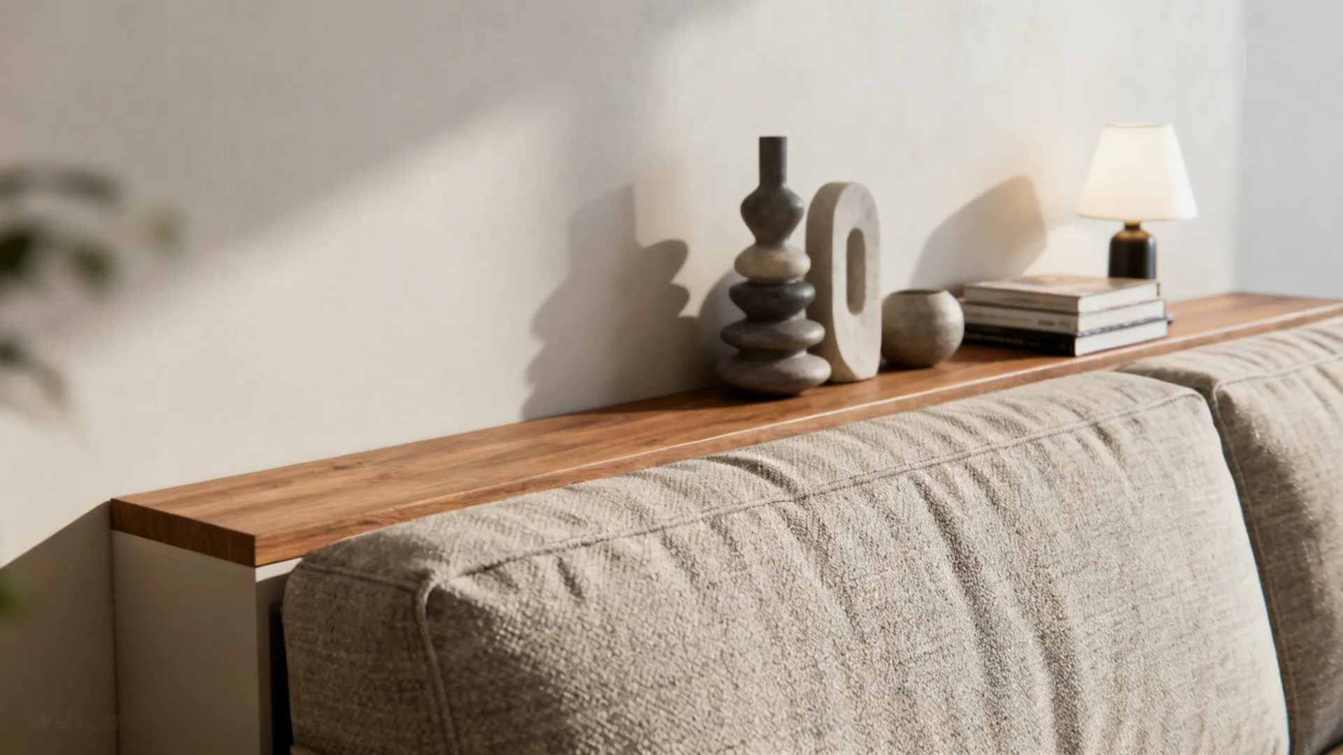 Slim sofa floated from the wall with a narrow console behind holding decor and a lamp.