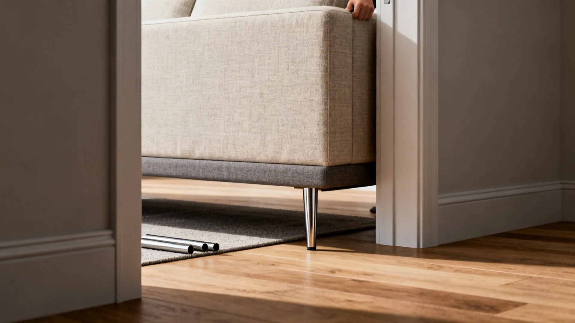 Slim-profile sofa with removable legs and low rug in a compact apartment