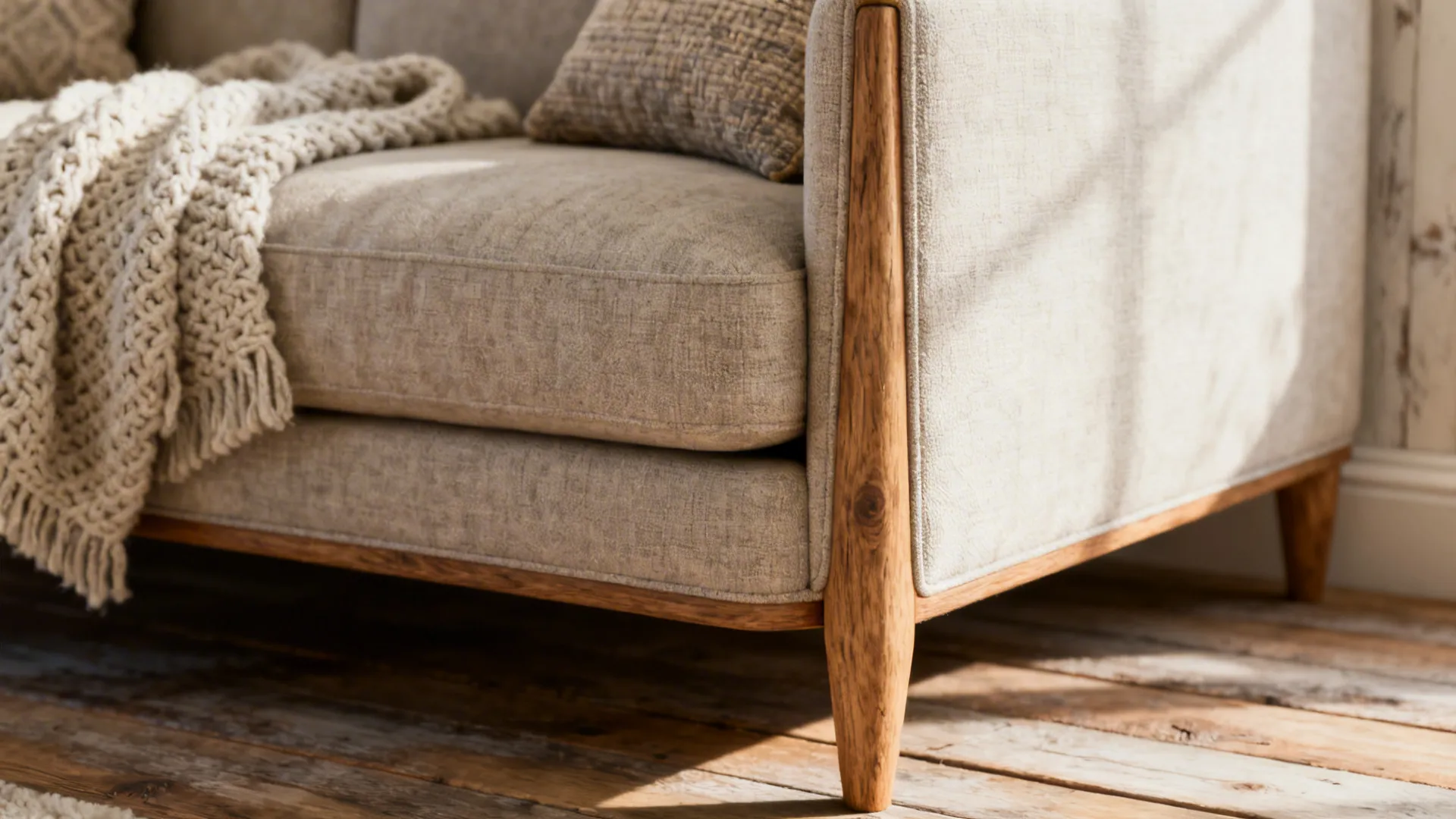 Close-up of a narrow-armed sofa with exposed wooden legs, textured cushions and a soft throw.