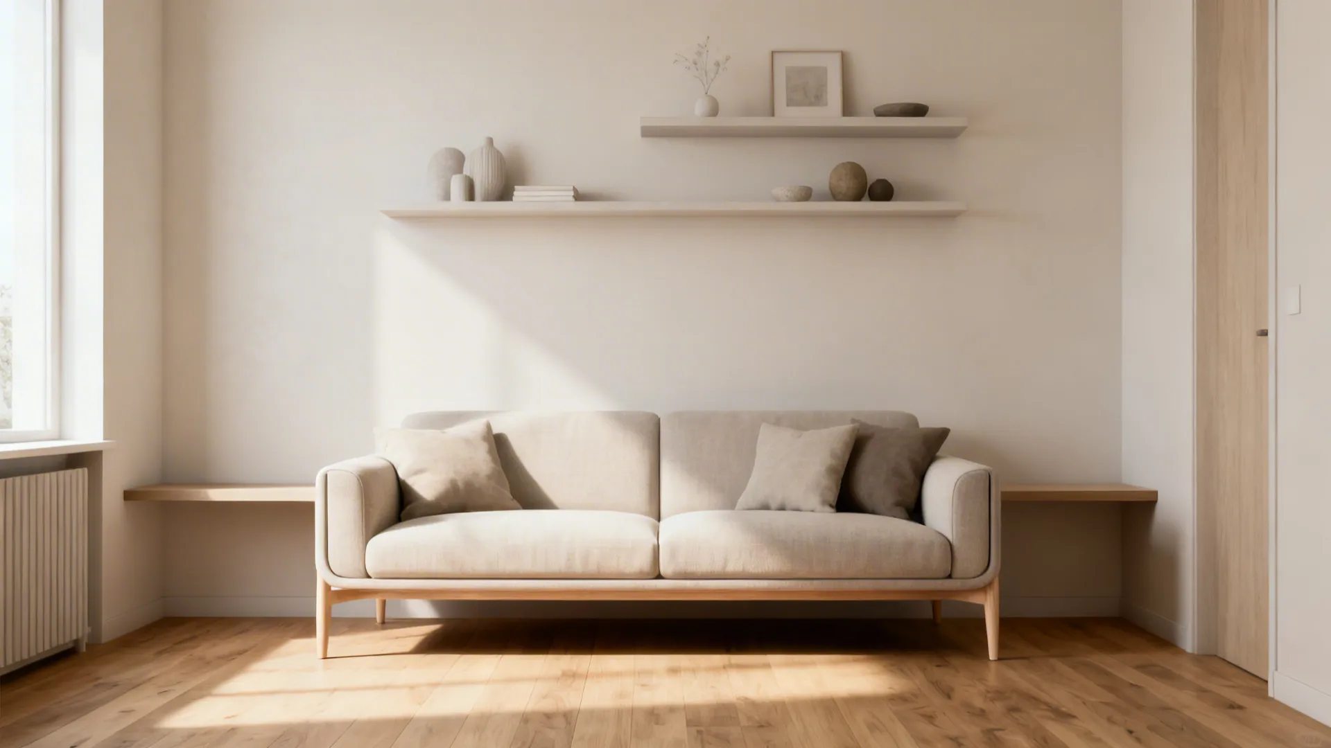 Slim-profile sofa with exposed legs and floating shelves in a light, airy small living room