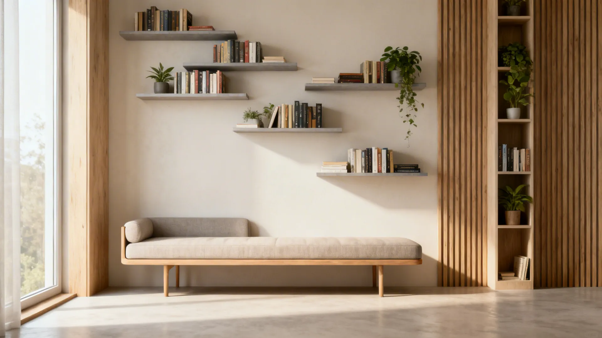 Slim low-back sofa with floating shelves holding books and plants creating vertical storage