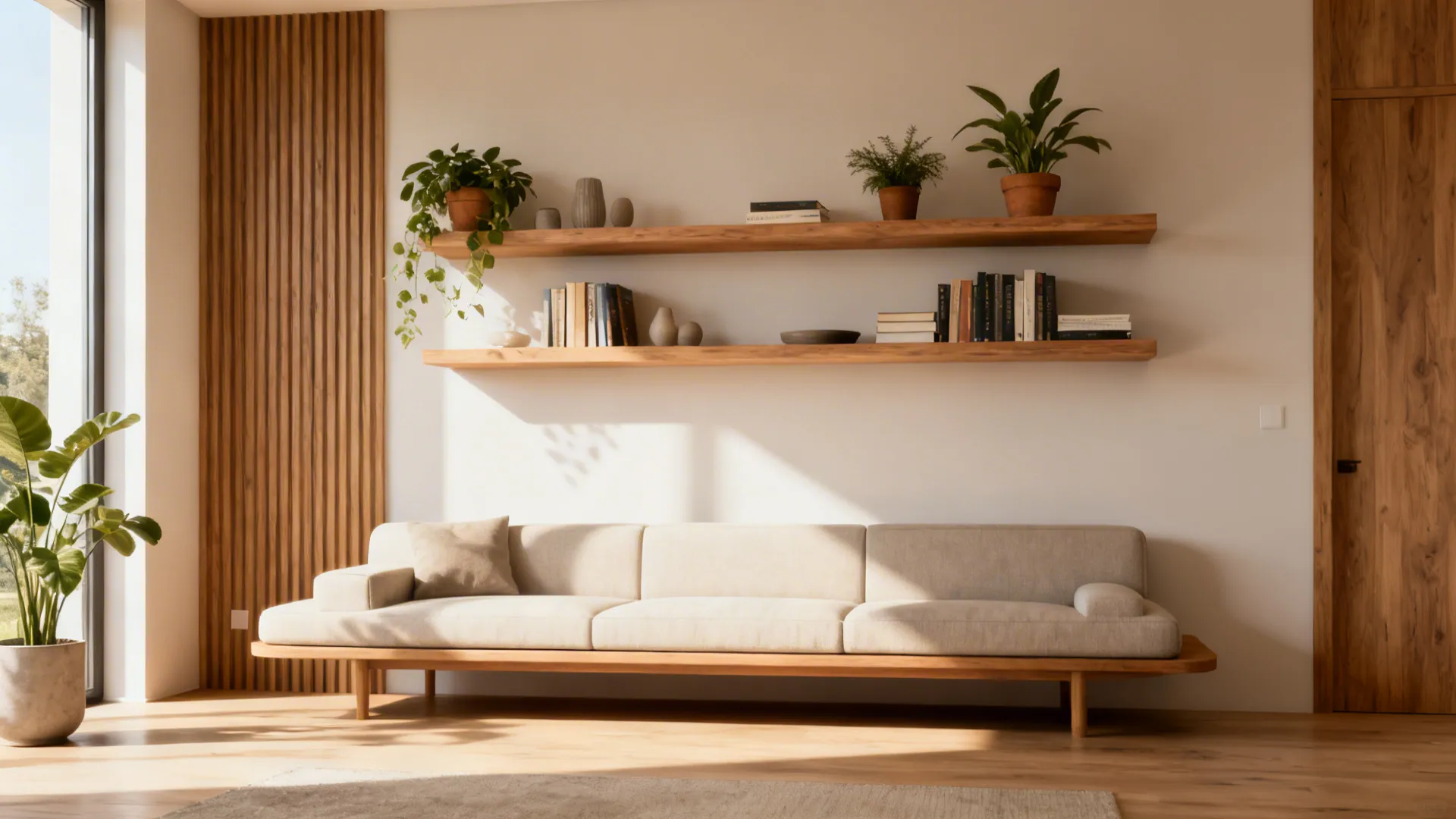 Narrow sofa against a wall with floating shelves above styled with plants and books in a small living room.