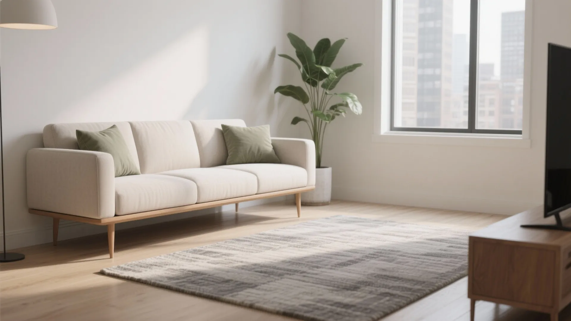 Armless slim sofa with raised wooden legs and clean floor lines in a compact condo living room.