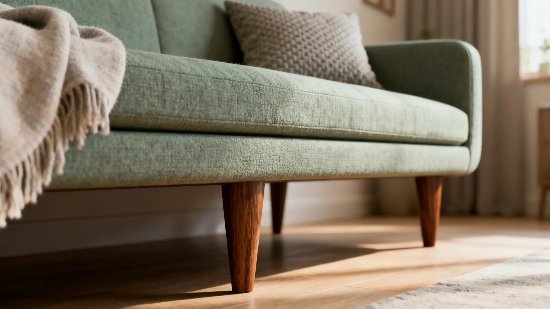 Close-up of a slim mid-century sofa with tapered walnut legs and textured upholstery
