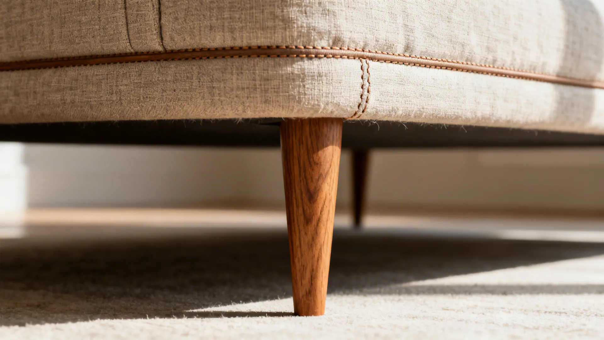 Close-up of a slim mid century sofa showing tapered wooden legs and linen upholstery.