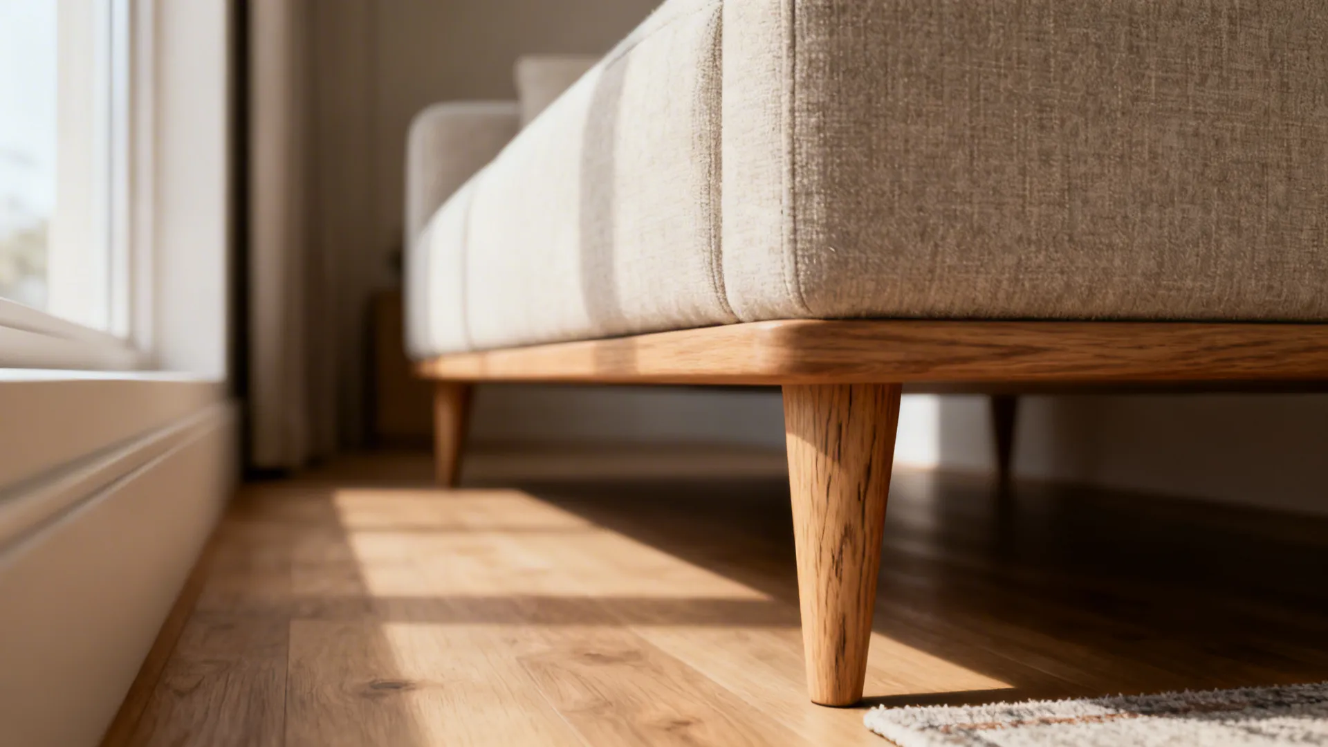 Slim-profile sofa with tapered wooden legs showing under-sofa clearance in a narrow room.