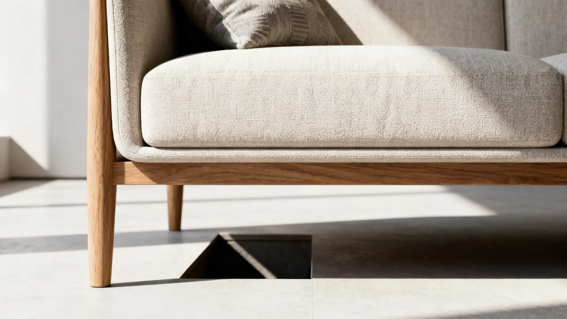 Slim sofa with exposed high wooden legs creating an airy floor gap in a small living room.