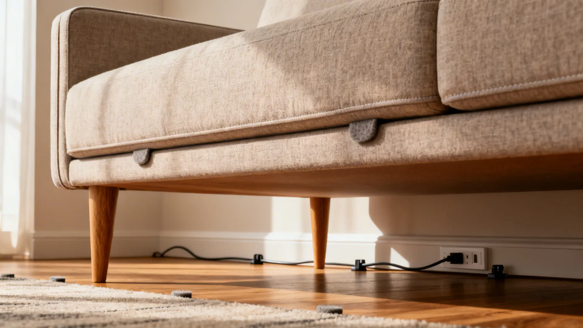 Slim sofa with narrow arms and 6-inch wooden legs revealing airy space beneath in soft daylight.