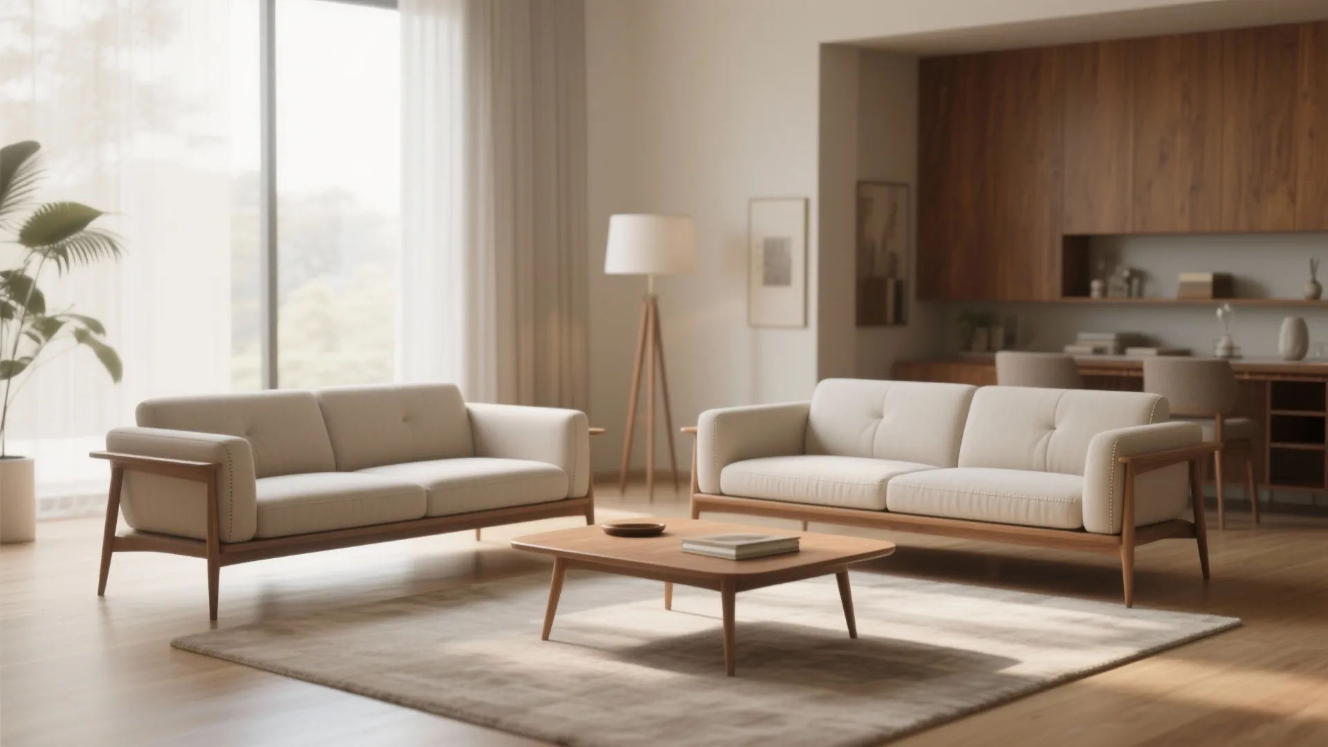 Mid-century slim profile sofa with a matching loveseat and wooden accents in a bright living room.