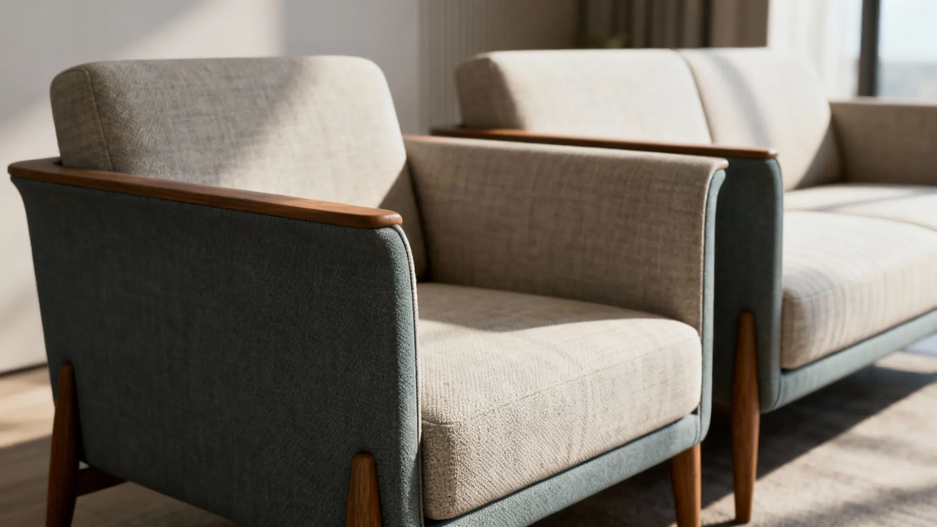 Close-up of a slim-profile sofa and compact loveseat with complementary fabrics and visible legs