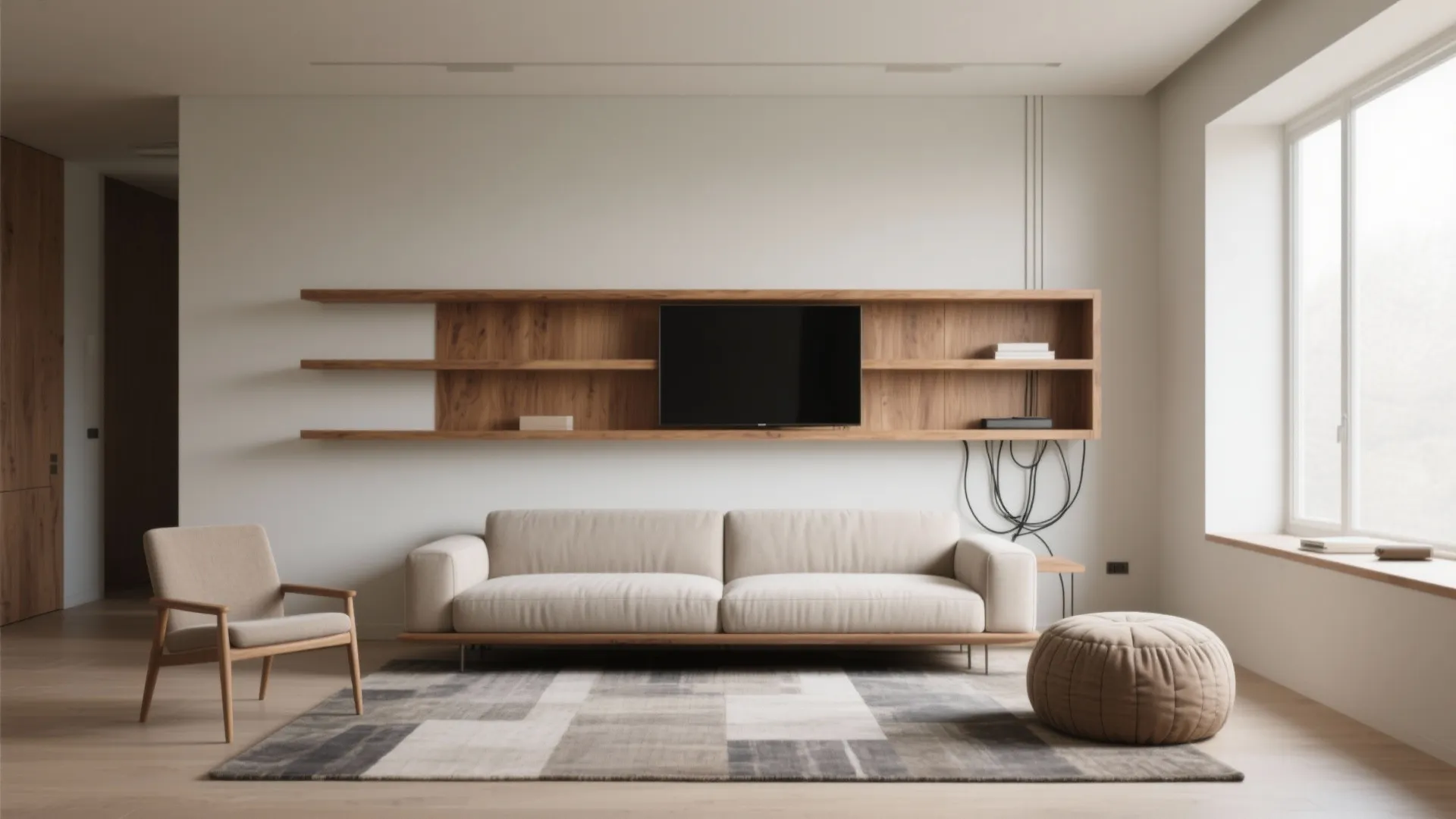 Minimalist living room with beige sofa, wooden wall shelf, television, patterned rug, and round footrest