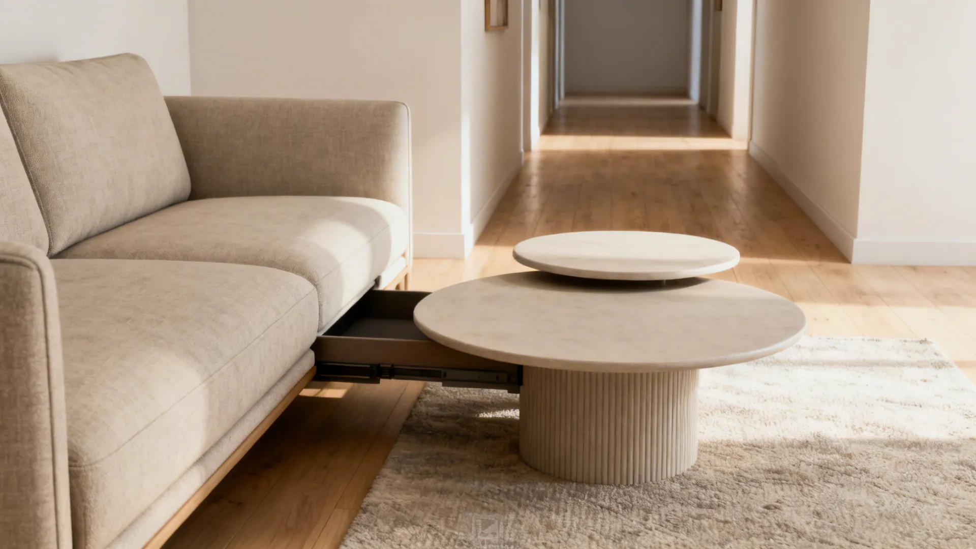 Narrow living room with a slim two-seater sofa and nested coffee tables maximizing surface without clutter.