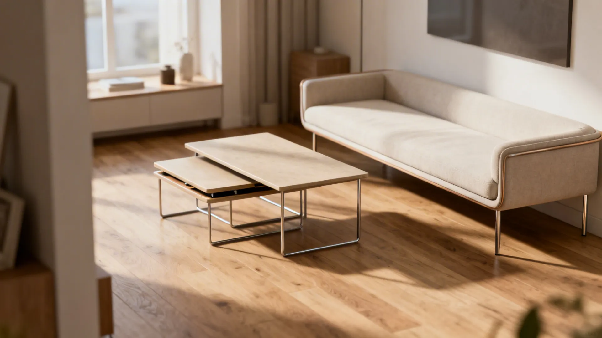 Narrow low-back slim sofa paired with nested coffee tables tucked together in a compact living room.