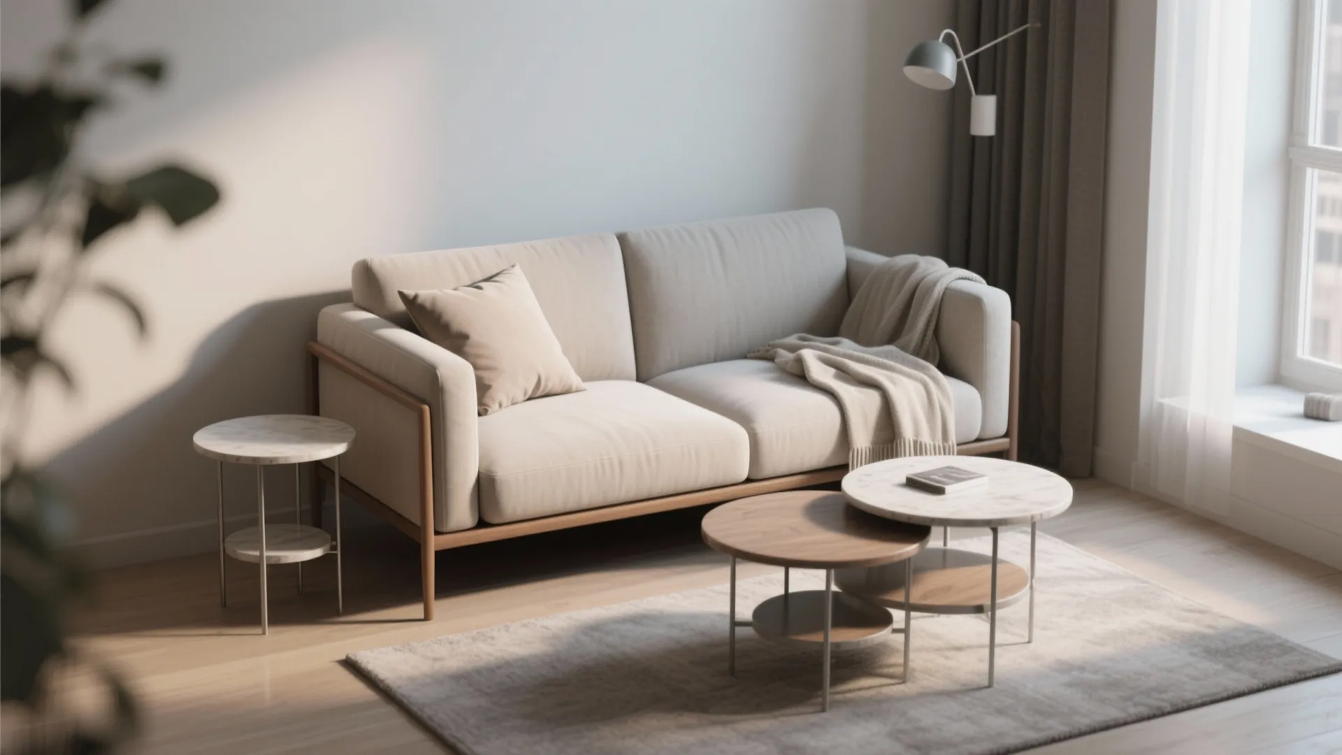 Modern living room with beige sofa, wood frame, round coffee tables, wall light, and rug