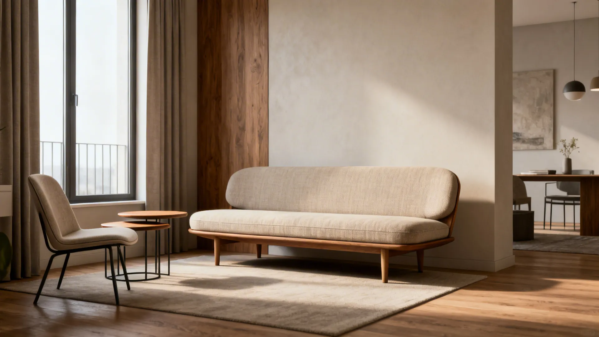 Slim mid-century sofa with nesting tables and a lightweight accent chair in a small living room.